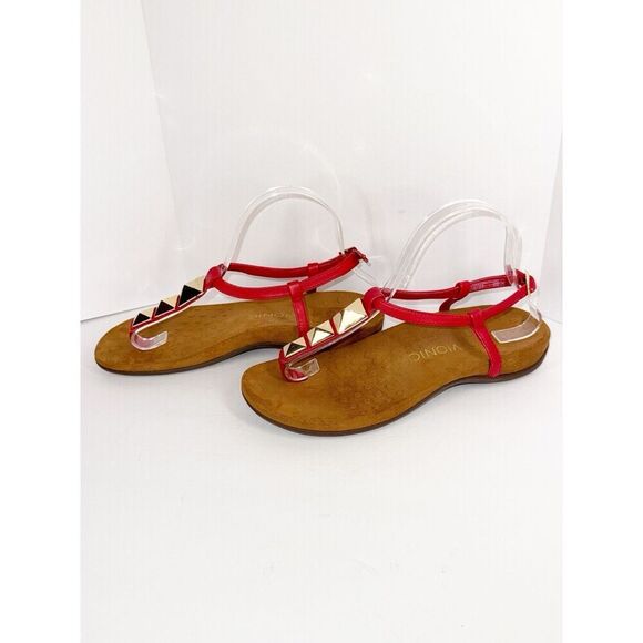 Vionic Sandals 8 Nala Thong Red Leather T Strap Gold Slingback Comfort Flats - Picture 1 of 15
